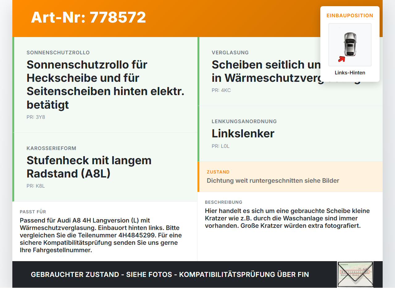 Audi A8 4H 09-13 Lang LH Dreieck Seitenscheibe Links Hinten Audi A8 4H 09-13 15.06.12 4H4845299 gebraucht Vorschau 3