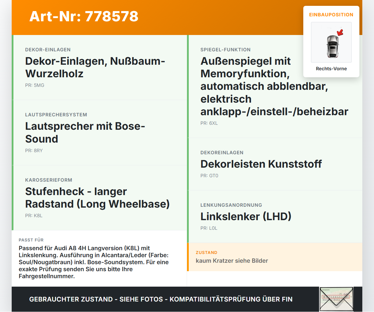 Audi A8 4H 09-13 Lang Türverkleidung Türpappe Rechts Vorne Audi A8 4H 09-13 15.06.12 4H1867104B 4H1867104BJ0M gebraucht Vorschau 3