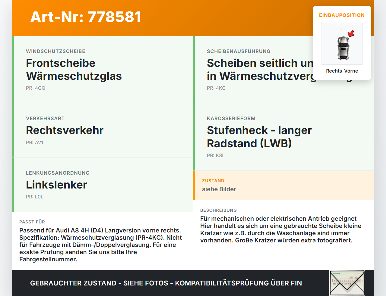 Audi A8 4H 09-13 Lang RVK Seitenscheibe für Tür Türscheibe Rechts Vorne Audi A8 4H 09-13 15.06.12 4H0845202A gebraucht Vorschau 3