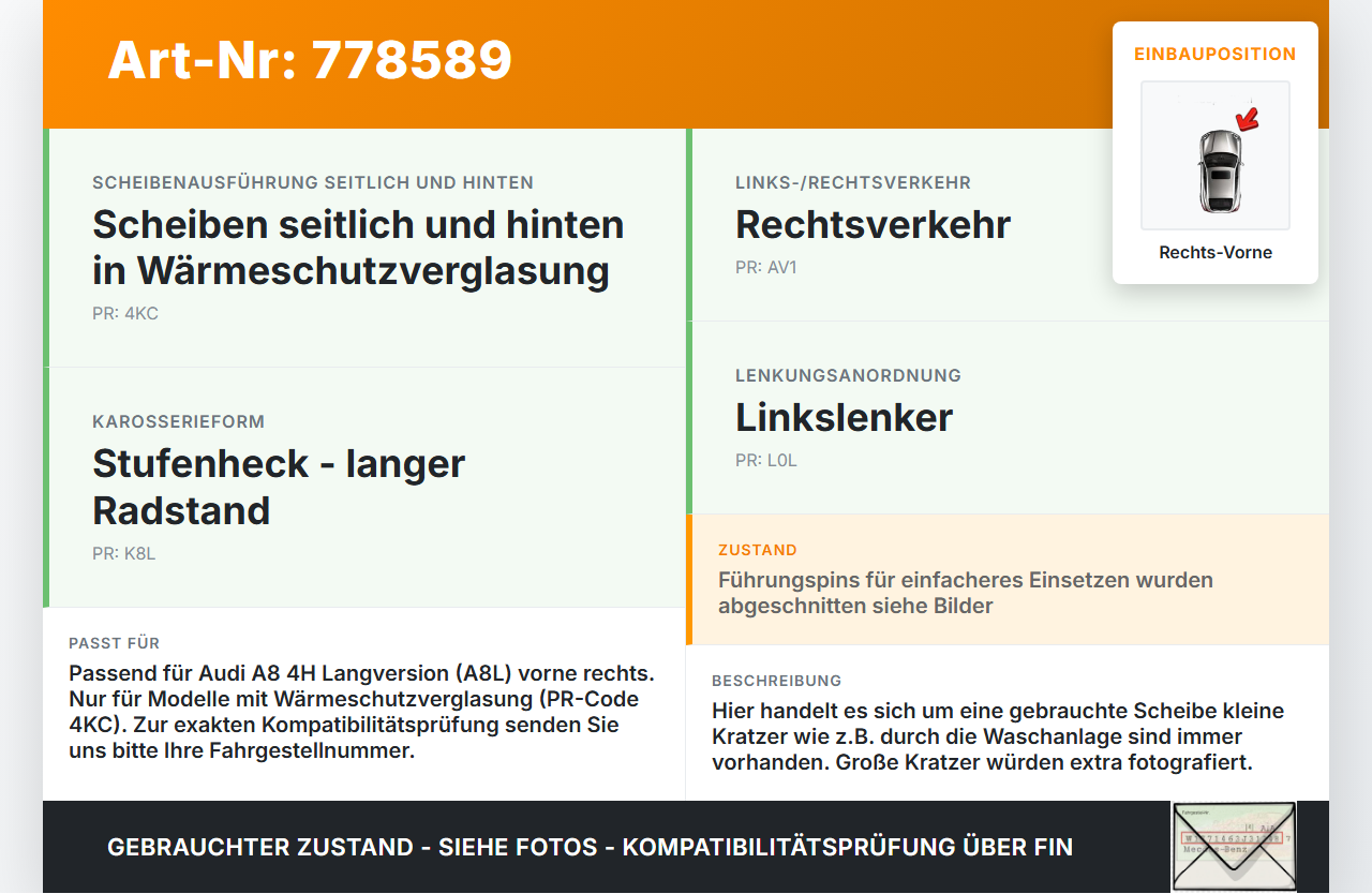 Audi A8 4H 09-13 Lang RV Dreieck Seitenscheibe Türscheibe Rechts Vorne Audi A8 4H 09-13 15.06.12 gebraucht Vorschau 3