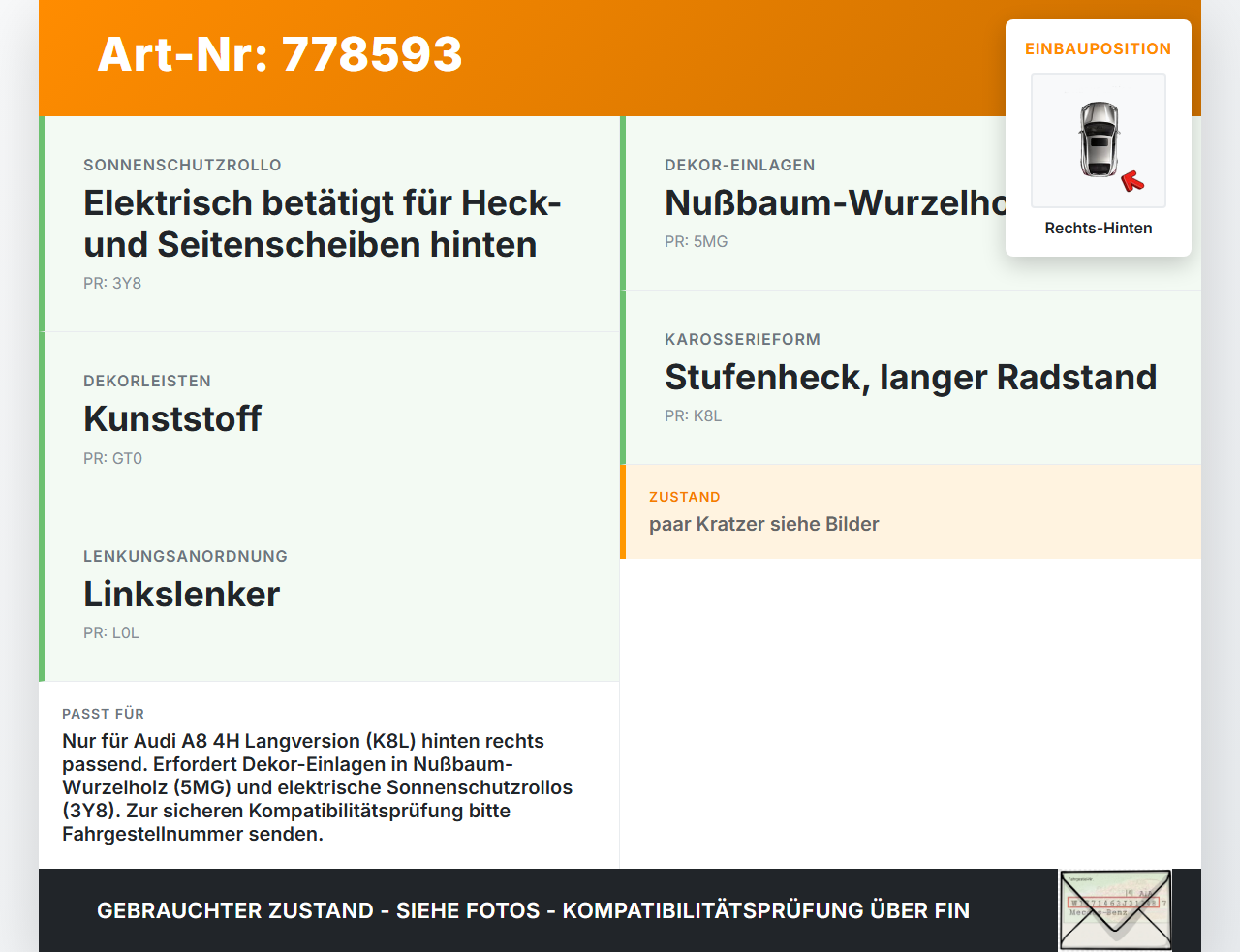 Audi A8 4H 09-13 Lang Türleiste Rechts Hinten Innen Holzdekor LZ5D Audi A8 4H 09-13 15.06.12 L4H000031A gebraucht Vorschau 3