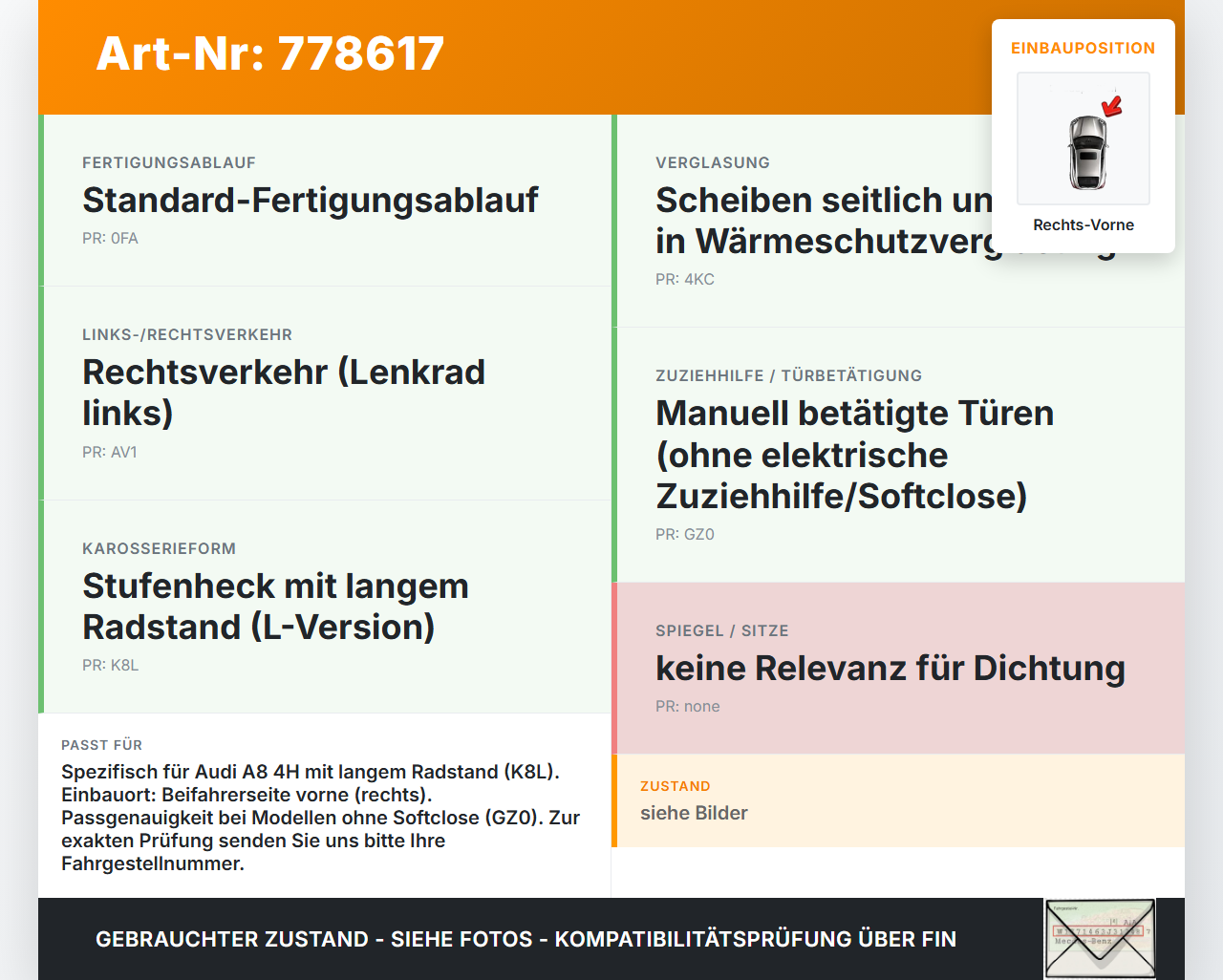 Audi A8 4H 09-13 Lang Dichtung für Rahmen Tür Rechts Vorne Audi A8 4H 09-13 15.06.12 gebraucht Vorschau 3