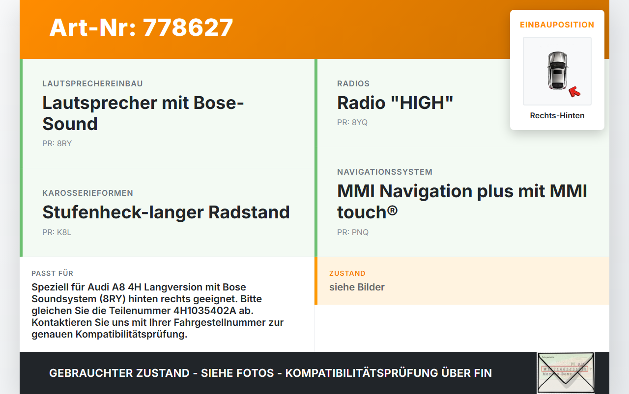 Audi A8 4H 09-13 Lang Lautsprecher Rechts Hinten Orig. Bose Audi A8 4H 09-13 15.06.12 4H1035402A 322472-0040 gebraucht Vorschau 3