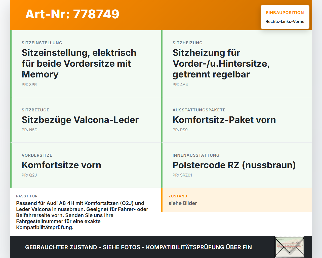 Audi A8 4H 09-13 Kopfstütze für Fahrer Sitz Rechts oder Links Vorne nussbraun Audi A8 4H 09-13 15.06.12 4H0881901AP... Vorschau 3