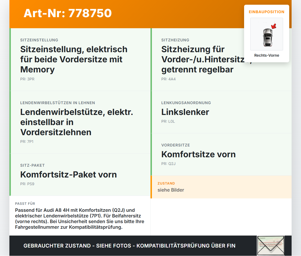 Audi A8 4H 09-13 FSI 4,2 273KW Lordosen Kissen für Beifahrersitz Rechts Vorne Audi A8 4H 09-13 15.06.12 4H0881879L... Vorschau 3