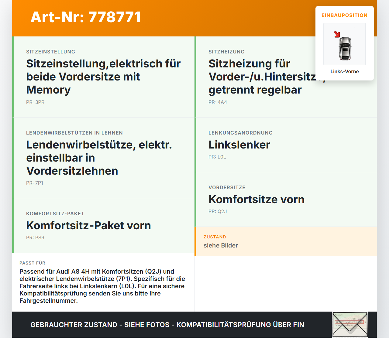 Audi A8 4H 09-13 FSI 4,2 273KW Lordosenkissen für Fahrer Sitz Links Vorne Audi A8 4H 09-13 15.06.12 4H0881879L gebraucht Vorschau 3