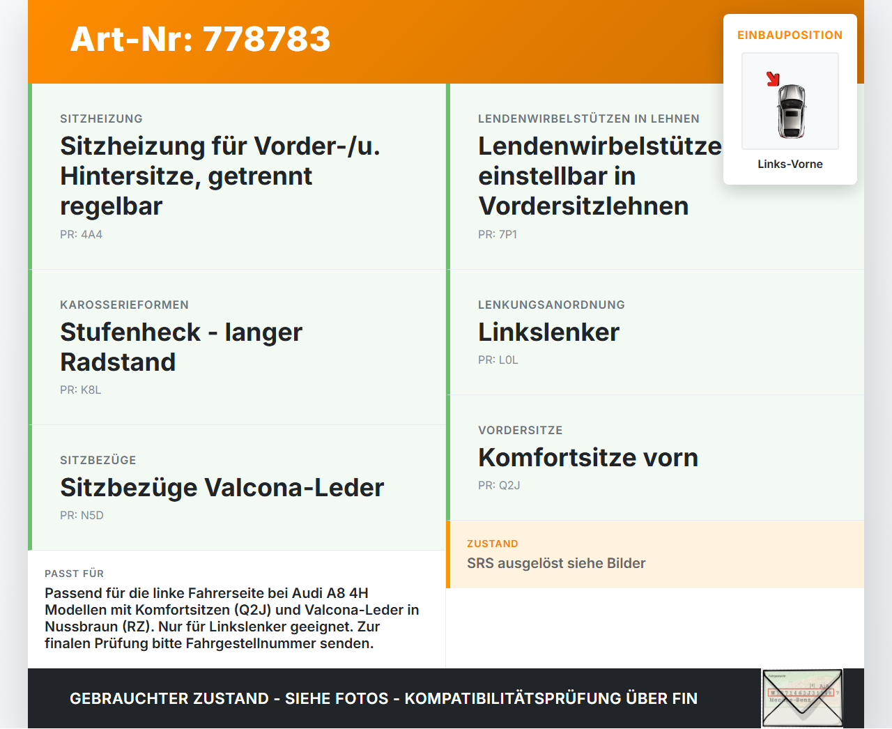 Audi A8 4H 09-13 Lang Rückenpolster Links Vorne für Fahrer Sitz Audi A8 4H 09-13 15.06.12 4H0881805C gebraucht Vorschau 3