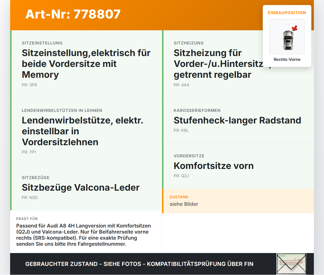 Audi A8 4H 09-13 Lang Rückenpolster Rechts Vorne für Beifahrer Sitz SRS Audi A8 4H 09-13 15.06.12 gebraucht Vorschau 3