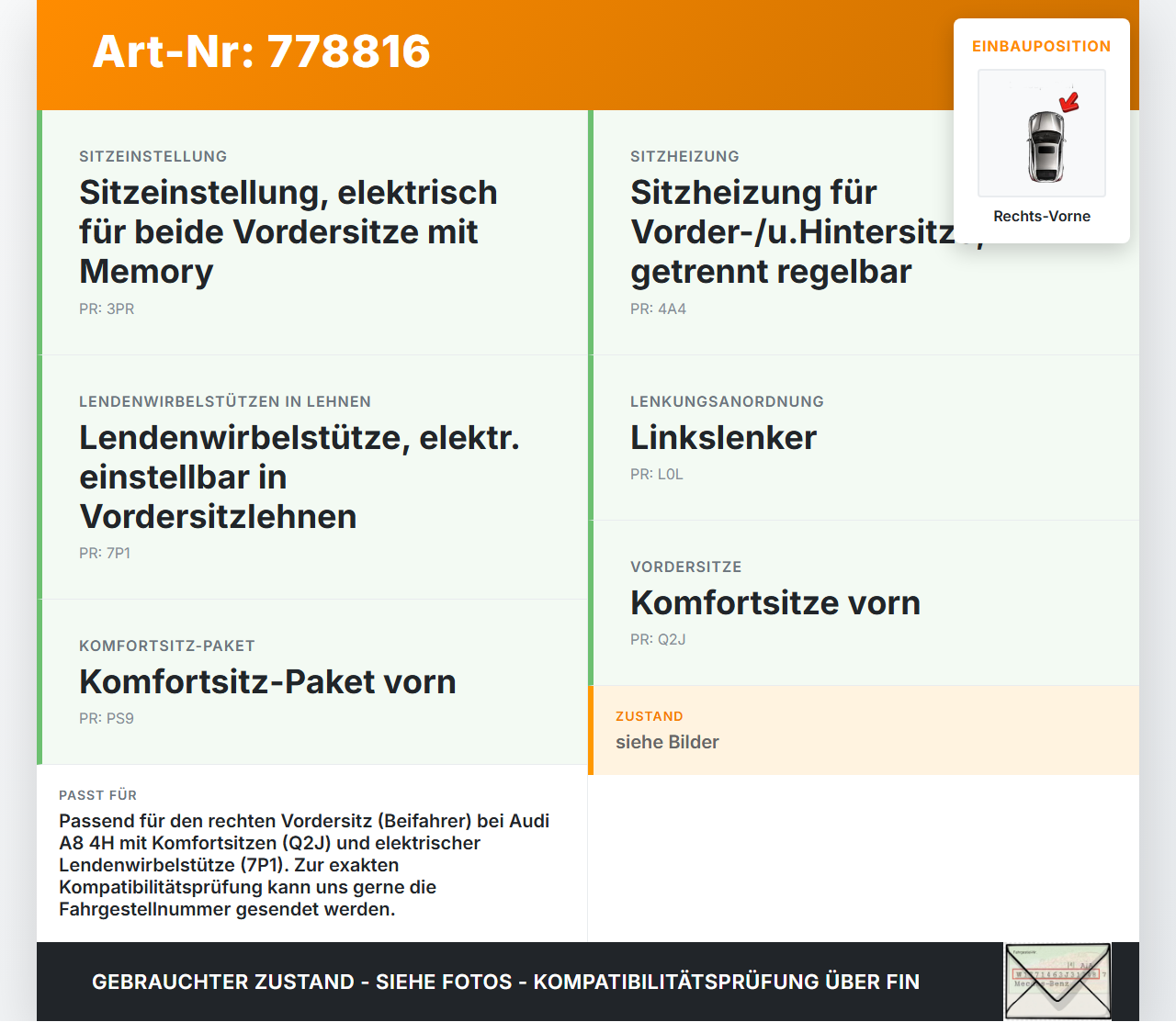 Audi A8 4H 09-13 FSI 4,2 273KW Lordosenkissen Rechts für Beifahrer Sitz Rechts Vorne Pos.3 Audi A8 4H 09-13... Vorschau 3