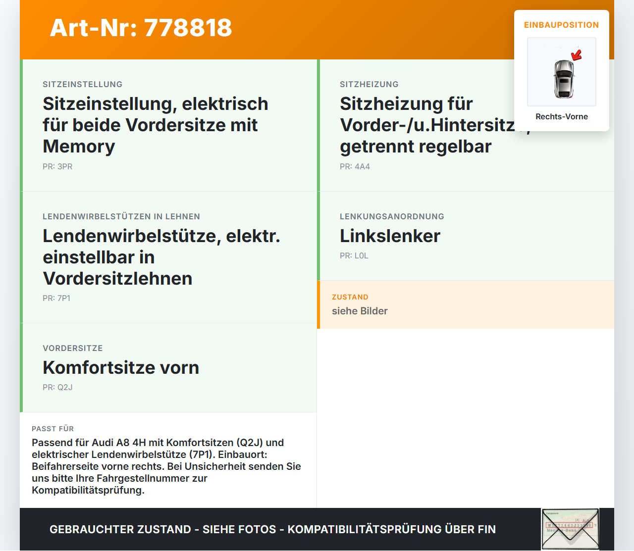 Audi A8 4H 09-13 FSI 4,2 273KW Lordosenkissen Rechts für Beifahrersitz Rechts Vorne Audi A8 4H 09-13 15.06.12 gebraucht Vorschau 3