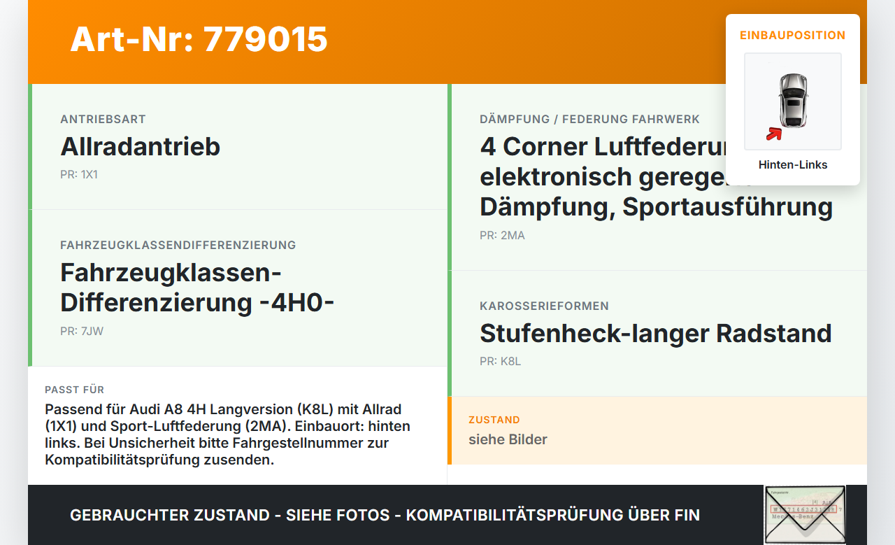 Audi A8 4H 09-13 Lang Stossdämpfer Federbein Hinten Links Luftfahrwerk Luftfederbein Audi A8 4H 09-13 15.06.12... Vorschau 3
