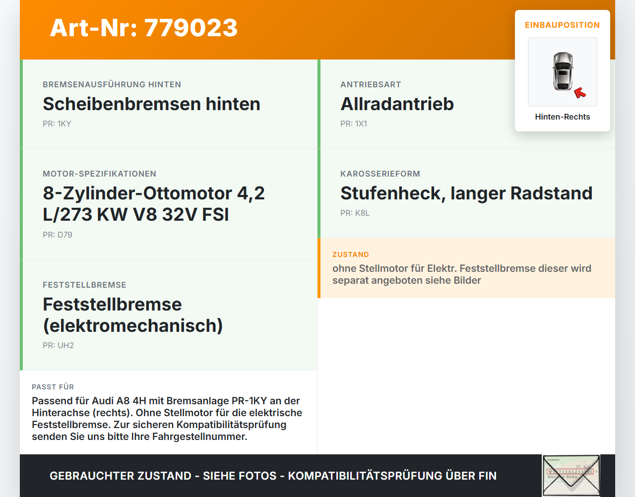 Audi A8 4H 09-13 FSI 4,2 273KW Bremssattel Bremszange Hinten Rechts Audi A8 4H 09-13 15.06.12 4H0615404A gebraucht Vorschau 3