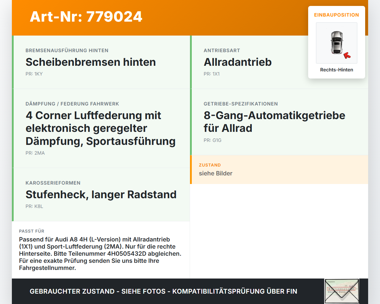 Audi A8 4H 09-13 Lang FSI 4,2 273KW 4WD Achsschenkel Radnabe mit ABS Rechts Hinten Audi A8 4H 09-13 15.06.12... Vorschau 3