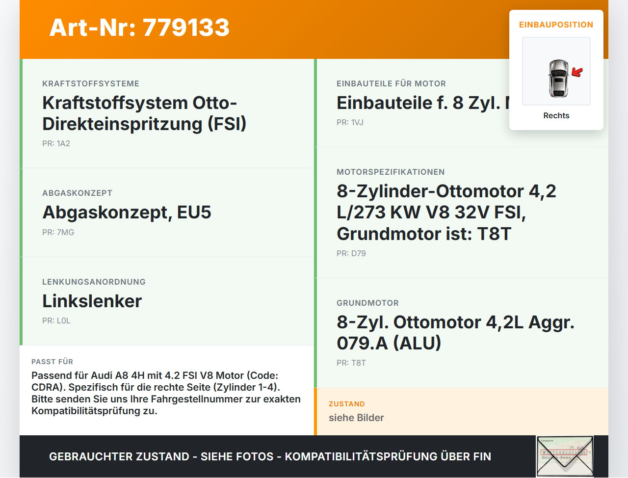 Audi A8 4H 09-13 FSI 4,2 273KW CDRA Abgaskrümmer Rechts Audi A8 4H 09-13 15.06.12 079253034AO 079253034AQ gebraucht Vorschau 3