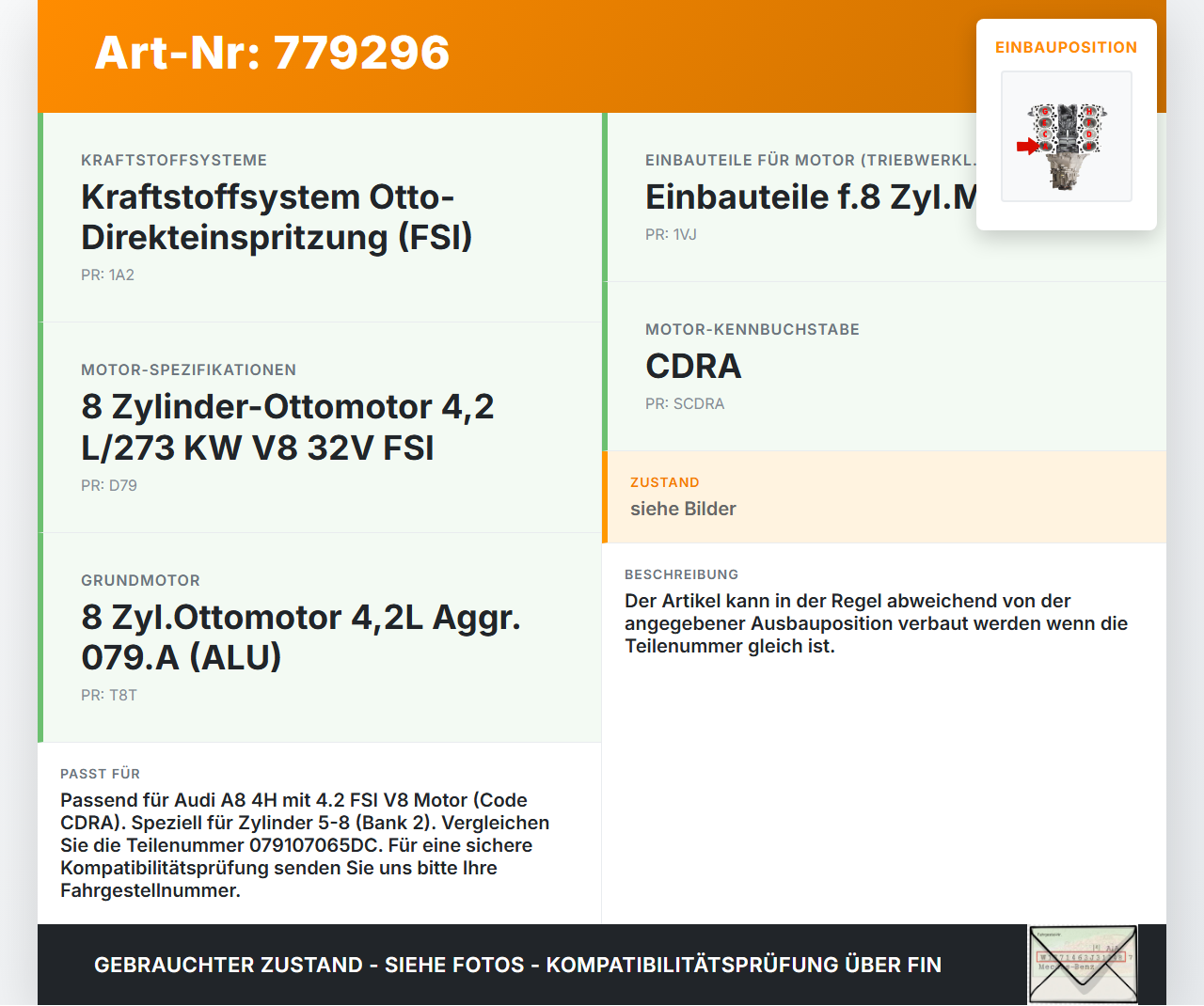 Audi A8 4H 09-13 FSI 4,2 273KW CDRA Kolben mit Pleuel Pos A 5-8 Audi A8 4H 09-13 15.06.12 079107065DC gebraucht Vorschau 3