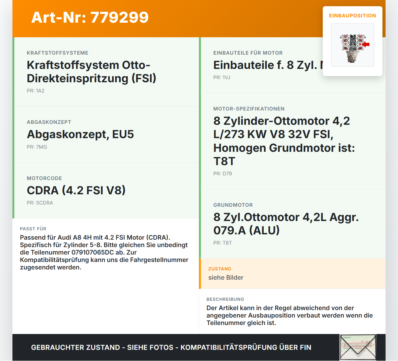 Audi A8 4H 09-13 FSI 4,2 273KW CDRA Kolben mit Pleuel Pos D 5-8 Audi A8 4H 09-13 15.06.12 079107065DC gebraucht Vorschau 3