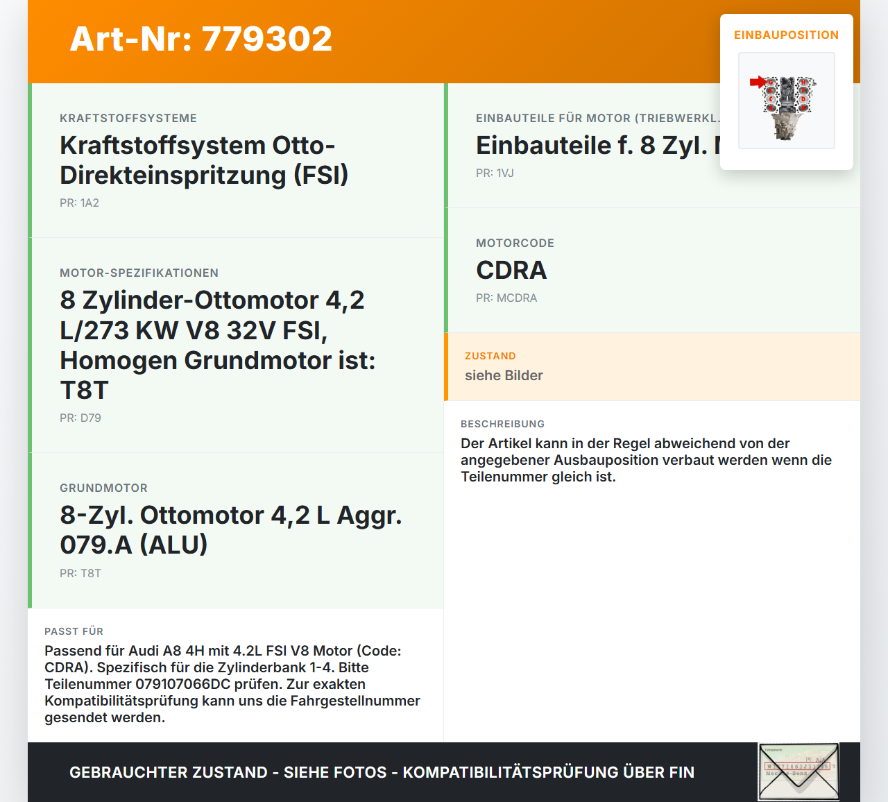 Audi A8 4H 09-13 FSI 4,2 273KW CDRA Kolben mit Pleuel Pos G 1-4 Audi A8 4H 09-13 15.06.12 079107066DC gebraucht Vorschau 3