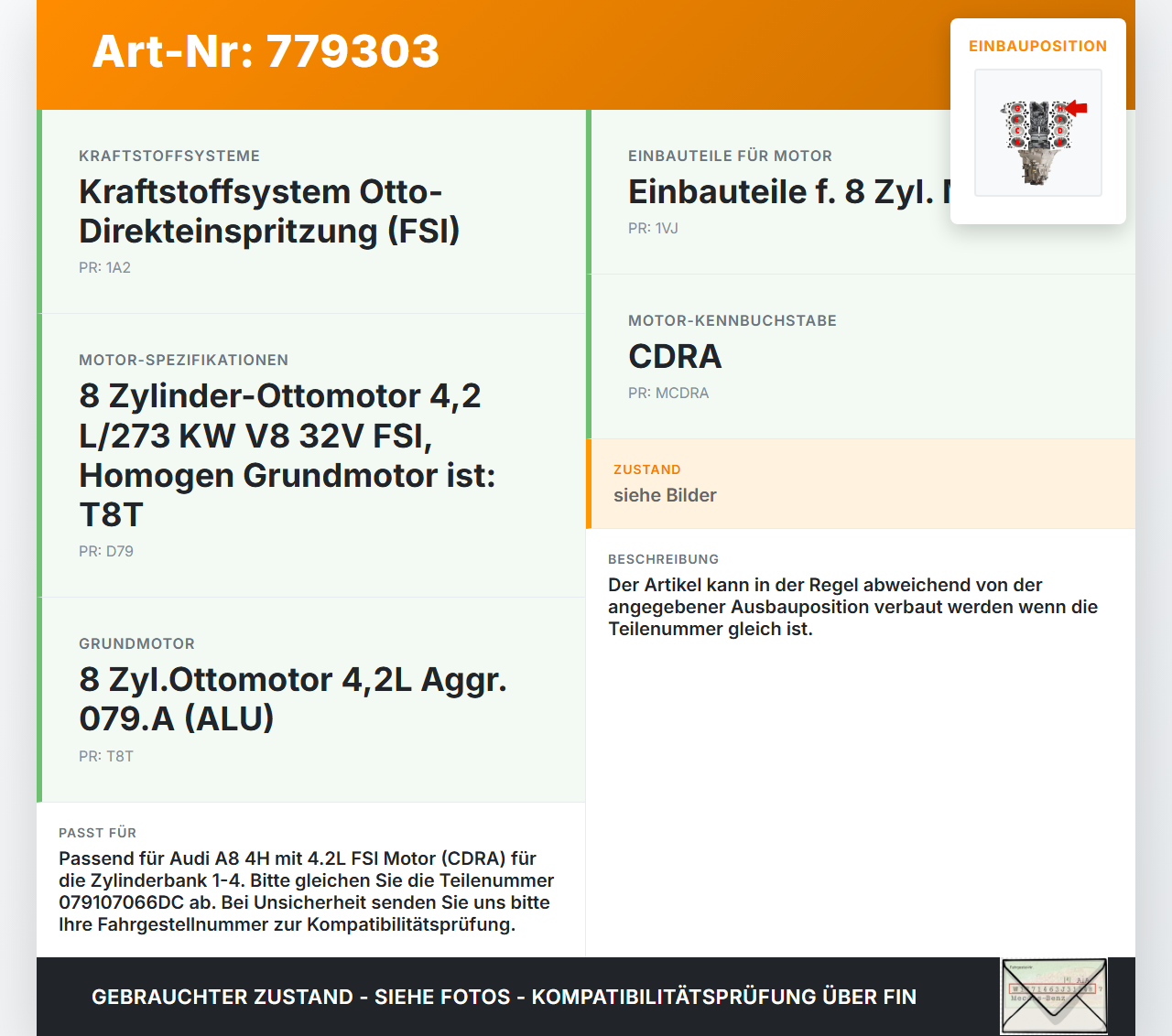 Audi A8 4H 09-13 FSI 4,2 273KW CDRA Kolben mit Pleuel Pos H 1-4 Audi A8 4H 09-13 15.06.12 079107066DC 4H0920900JX... Vorschau 3