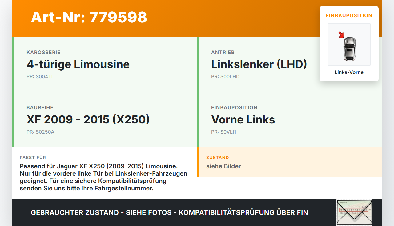 Jaguar XF X250 09-15 Türfangband Türbremse Türanschlag Links Vorne Jaguar XF X250 09-15 30.12.2010 gebraucht Vorschau 3