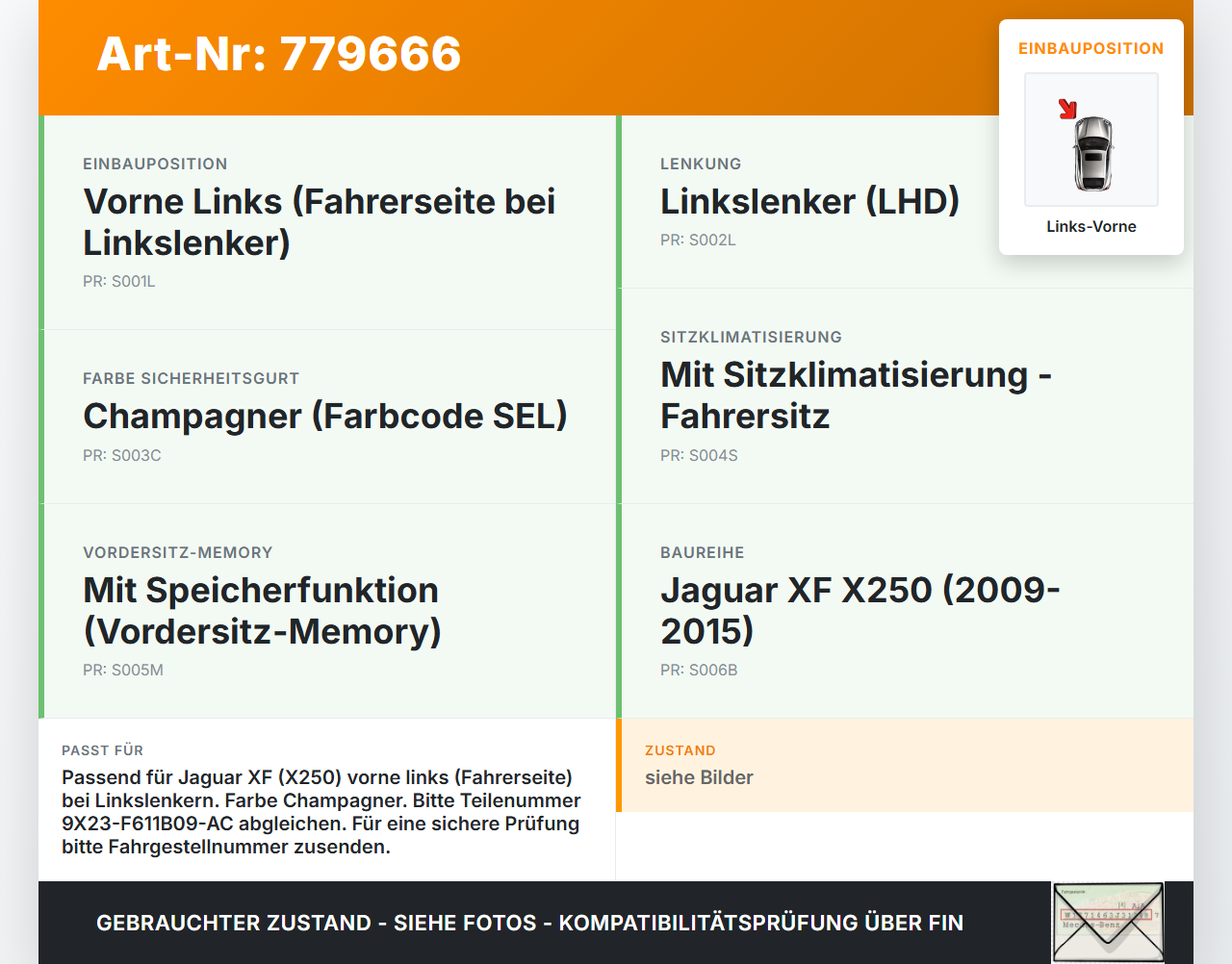 Jaguar XF X250 09-15 Gurtschloss Links Vorne Jaguar XF X250 09-15 30.12.2010 9X23-F611B09-AC 9X23-F611B09-AC0SEL... Vorschau 3