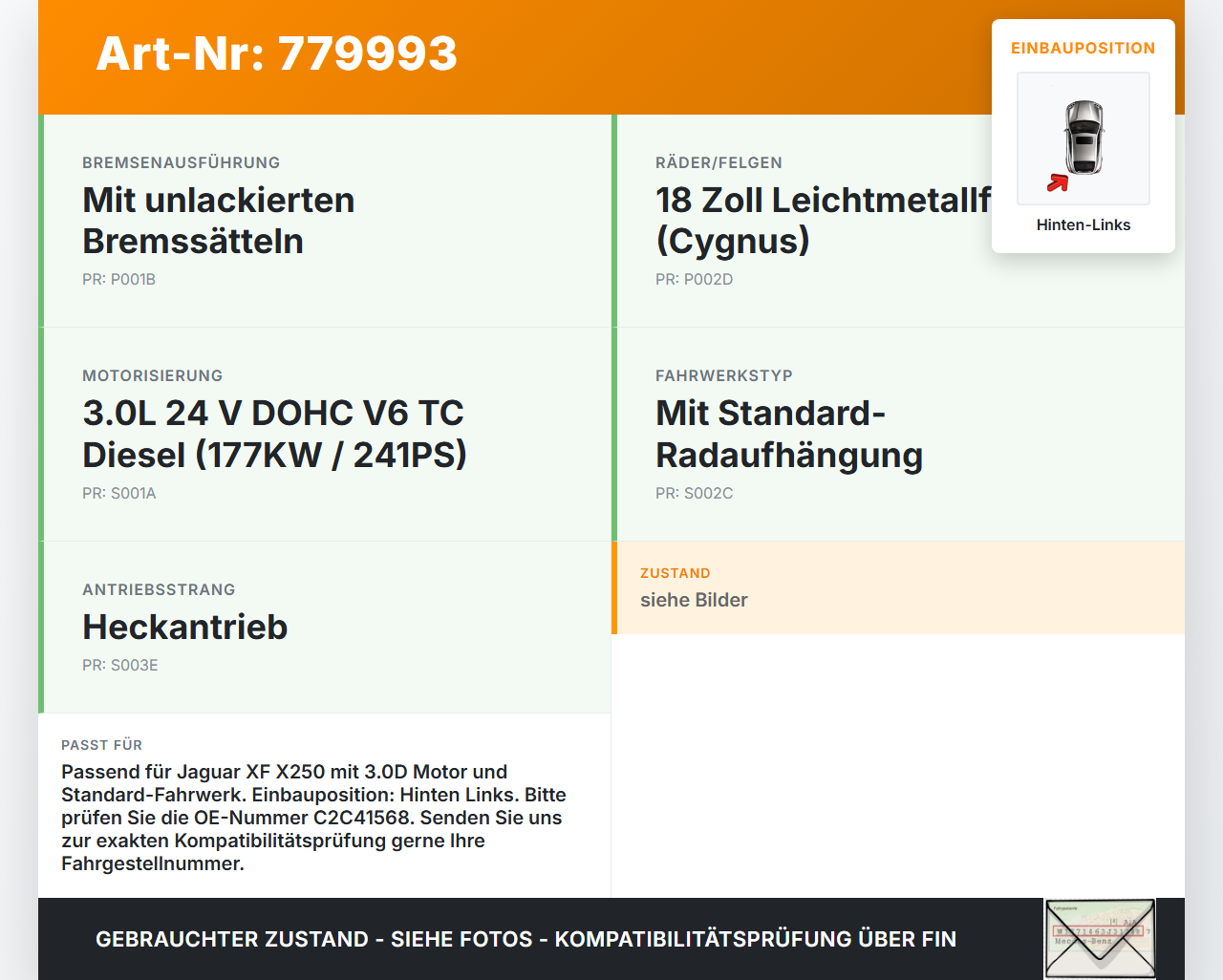 Jaguar XF X250 09-15 3,0d 177KW Bremssattel Bremszange Hinten Links Jaguar XF X250 09-15 30.12.2010 C2C41568 gebraucht Vorschau 3