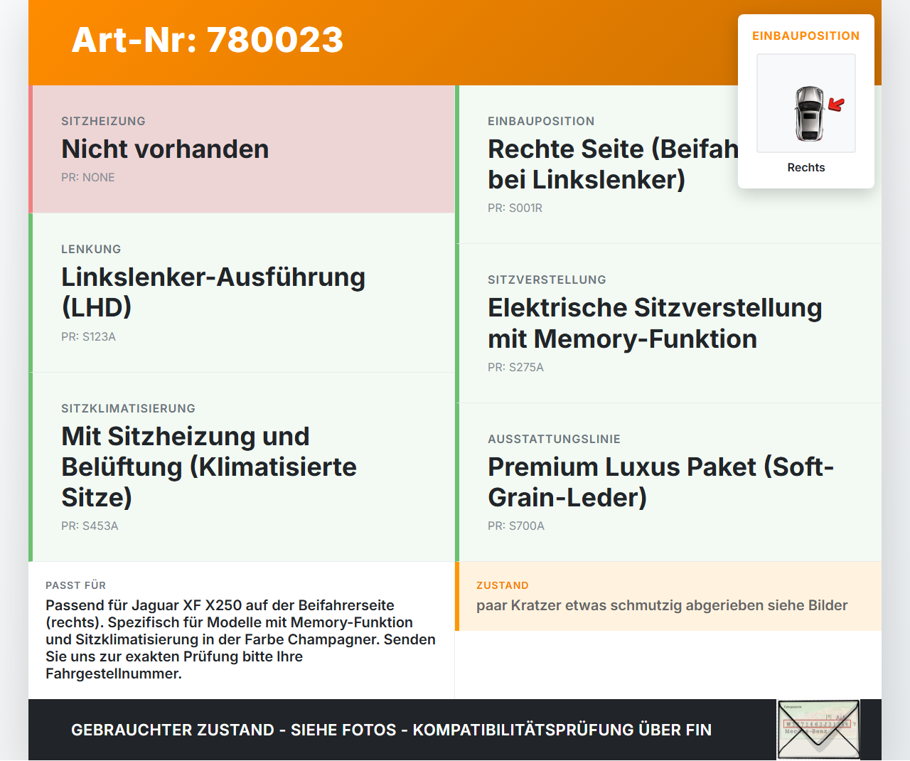 Jaguar XF X250 09-15 Sitzverstellung Schalter Rechts Jaguar XF X250 09-15 30.12.2010 RH10WHCCHJ gebraucht Vorschau 3