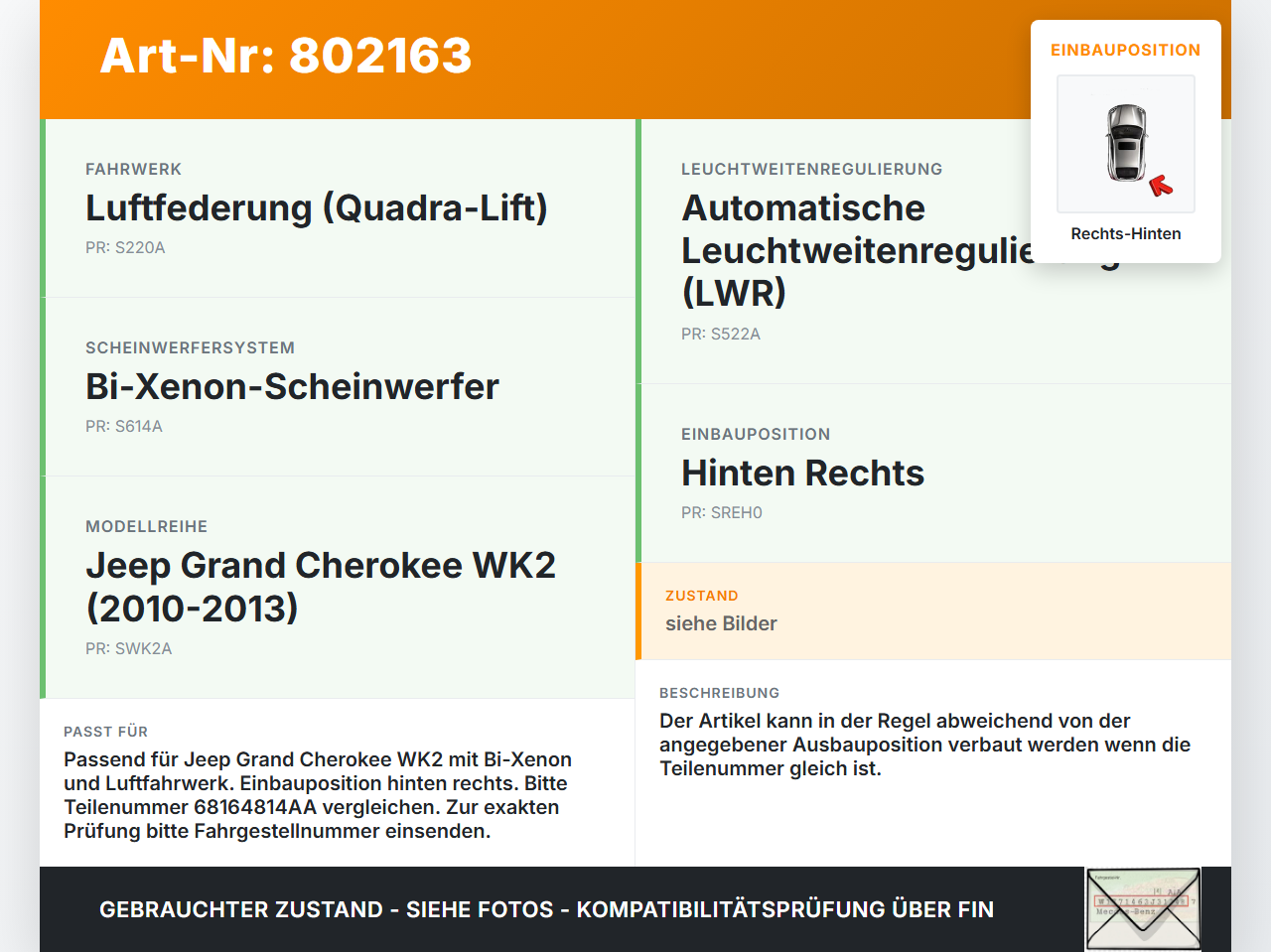 Jeep Grand Cherokee WK2 10-13 Xenon LWR Sensor Neigung Rechts Hinten Jeep Grand Cherokee WK2 10-13 08.05.2013... Vorschau 3