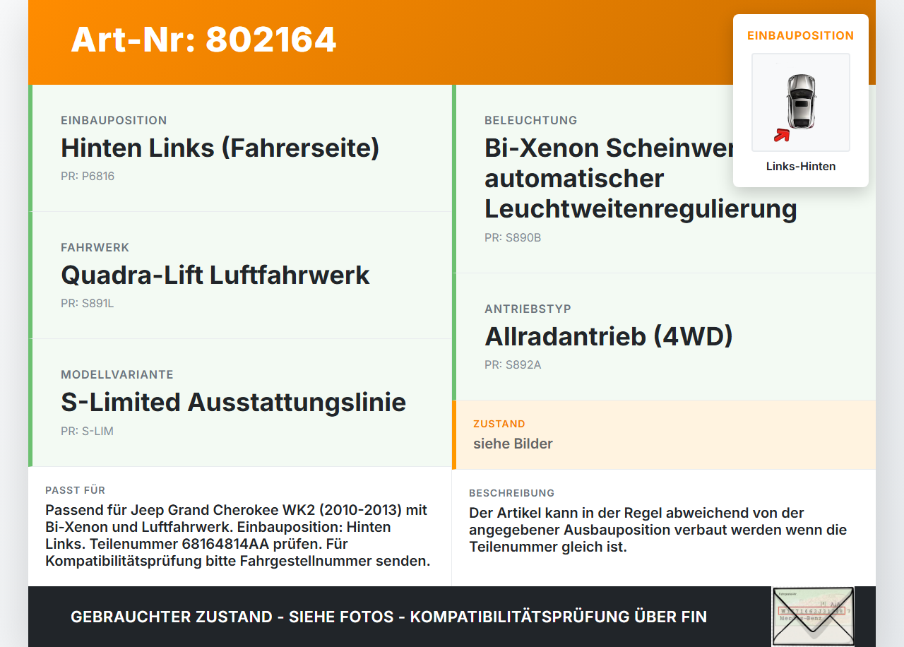Jeep Grand Cherokee WK2 10-13 Xenon LWR Sensor Neigung Links Hinten Jeep Grand Cherokee WK2 10-13 08.05.2013... Vorschau 3