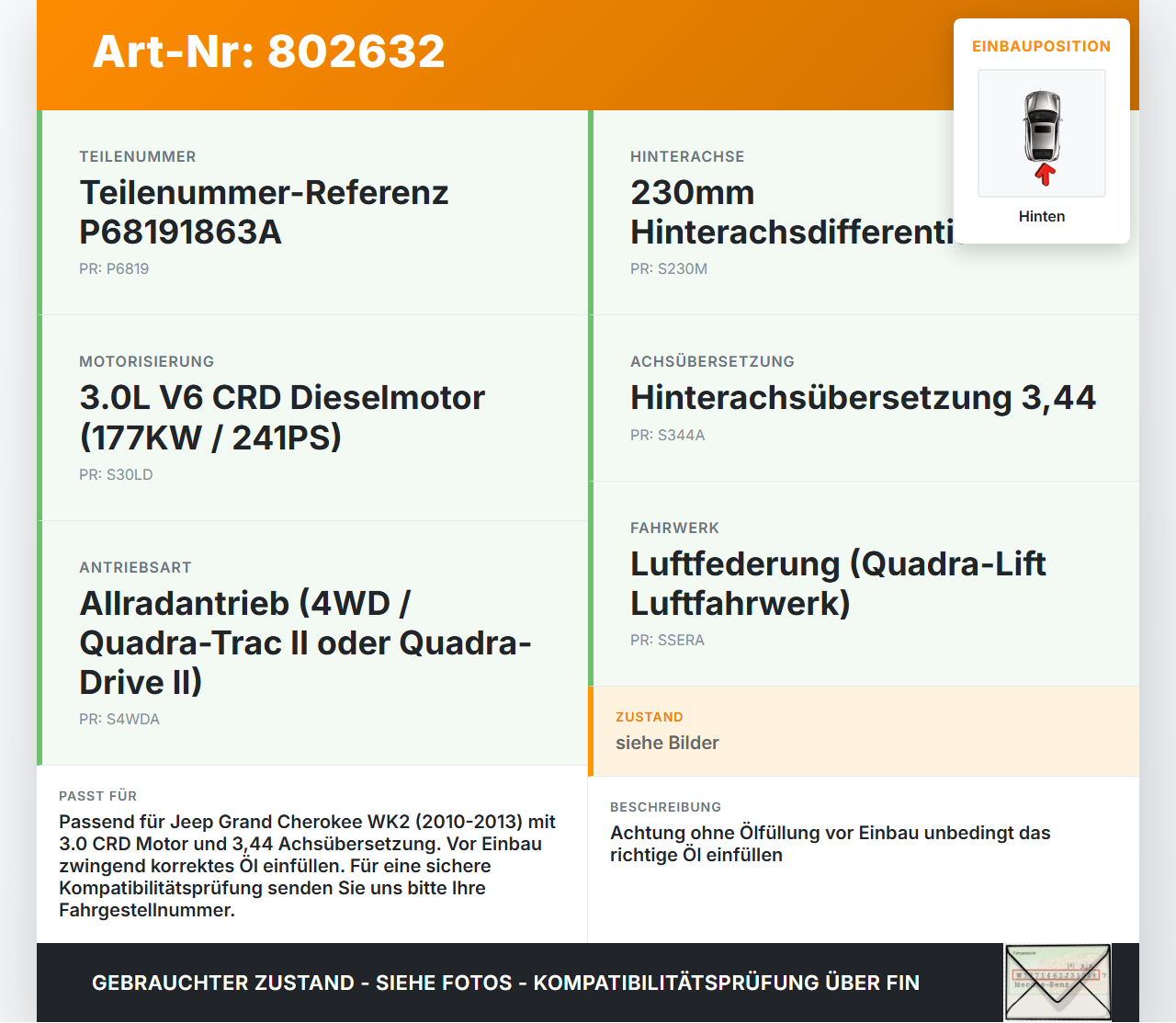 Jeep Grand Cherokee WK2 10-13 CRD 3,0 177KW 4WD Differential Hinterachsgetriebe Hinten 3,44 Jeep Grand Cherokee WK2... Vorschau 3
