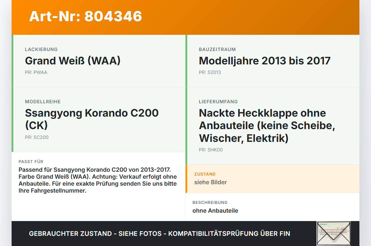 SSangyong Korando CK C200 13-17 Heckklappe Kofferraumdeckel WAA SSangyong Korando CK C200 13-17 19.02.2014 gebraucht Vorschau 3