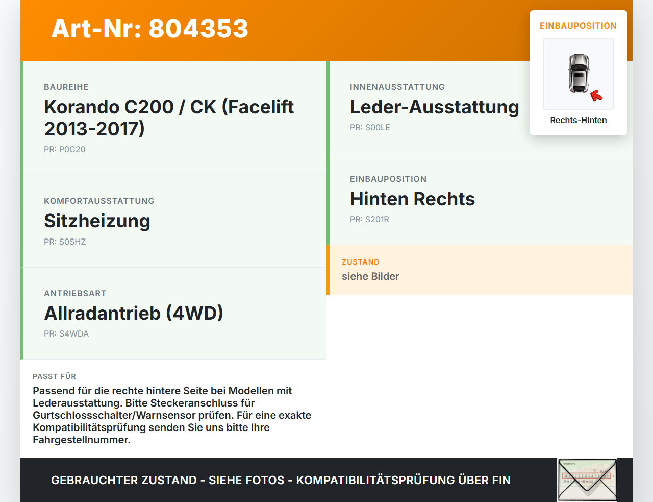 SSangyong Korando CK C200 13-17 Gurtschloss Rechts Hinten SSangyong Korando CK C200 13-17 19.02.2014 gebraucht Vorschau 3