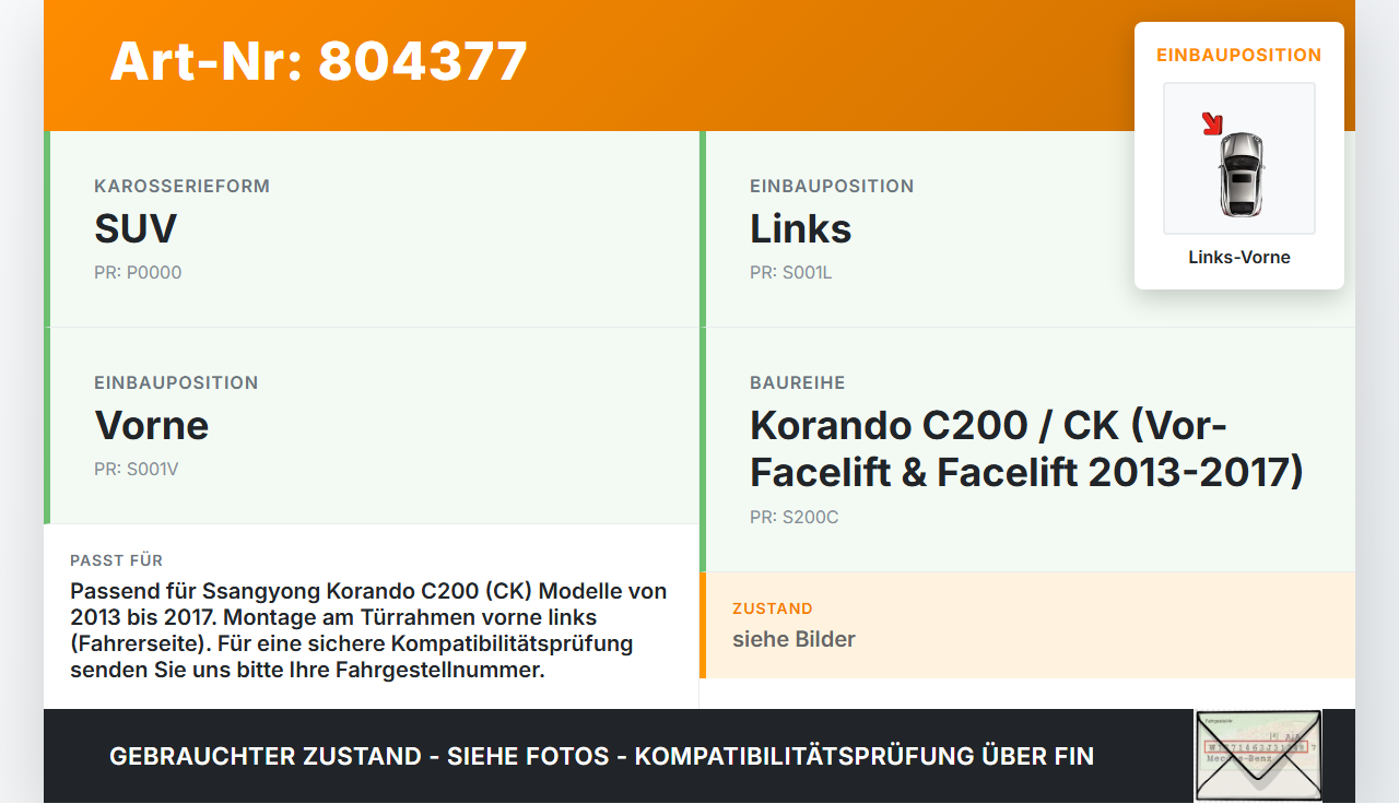 SSangyong Korando CK C200 13-17 Dichtung für Rahmen Tür Links Vorne SSangyong Korando CK C200 13-17 19.02.2014 gebraucht Vorschau 3