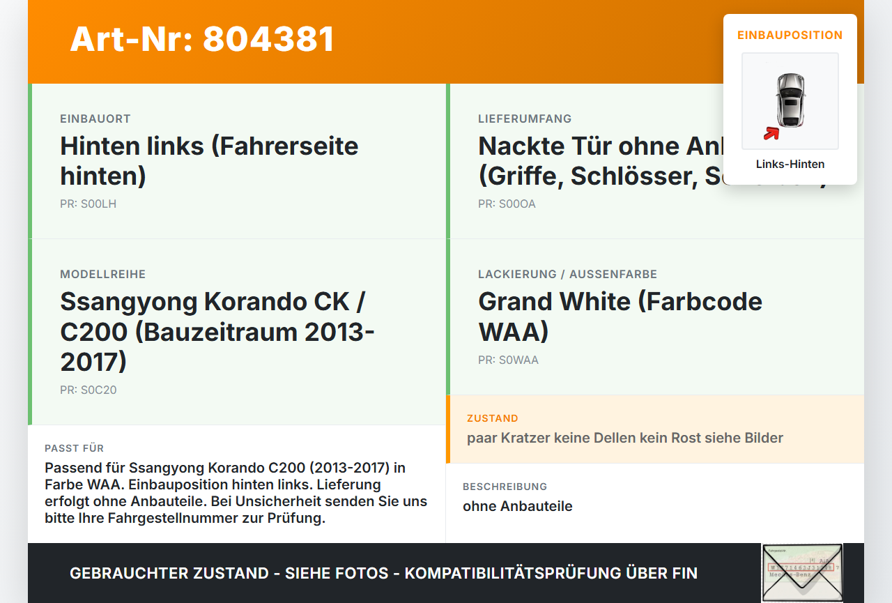 SSangyong Korando CK C200 13-17 Tür Links Hinten WAA SSangyong Korando CK C200 13-17 19.02.2014 gebraucht Vorschau 3