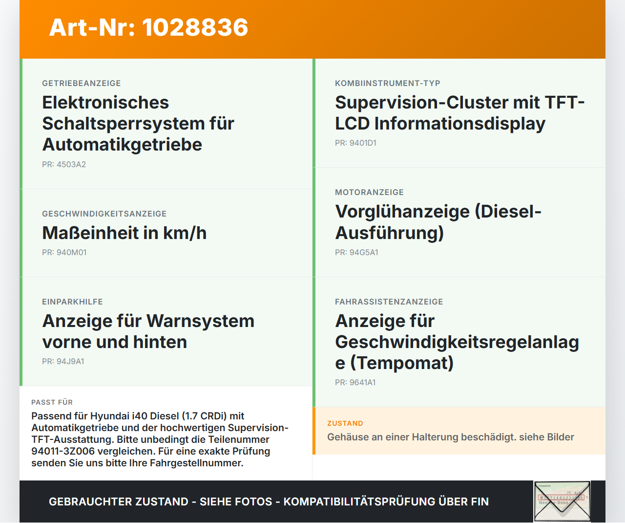 Hyundai I40 CW 11-15 CRDi 1,7 100KW Kombiinstrument Tacho Hyundai I40 CW 11-15 11.12.2014 94011-3Z006 11002-744010H... Vorschau 3