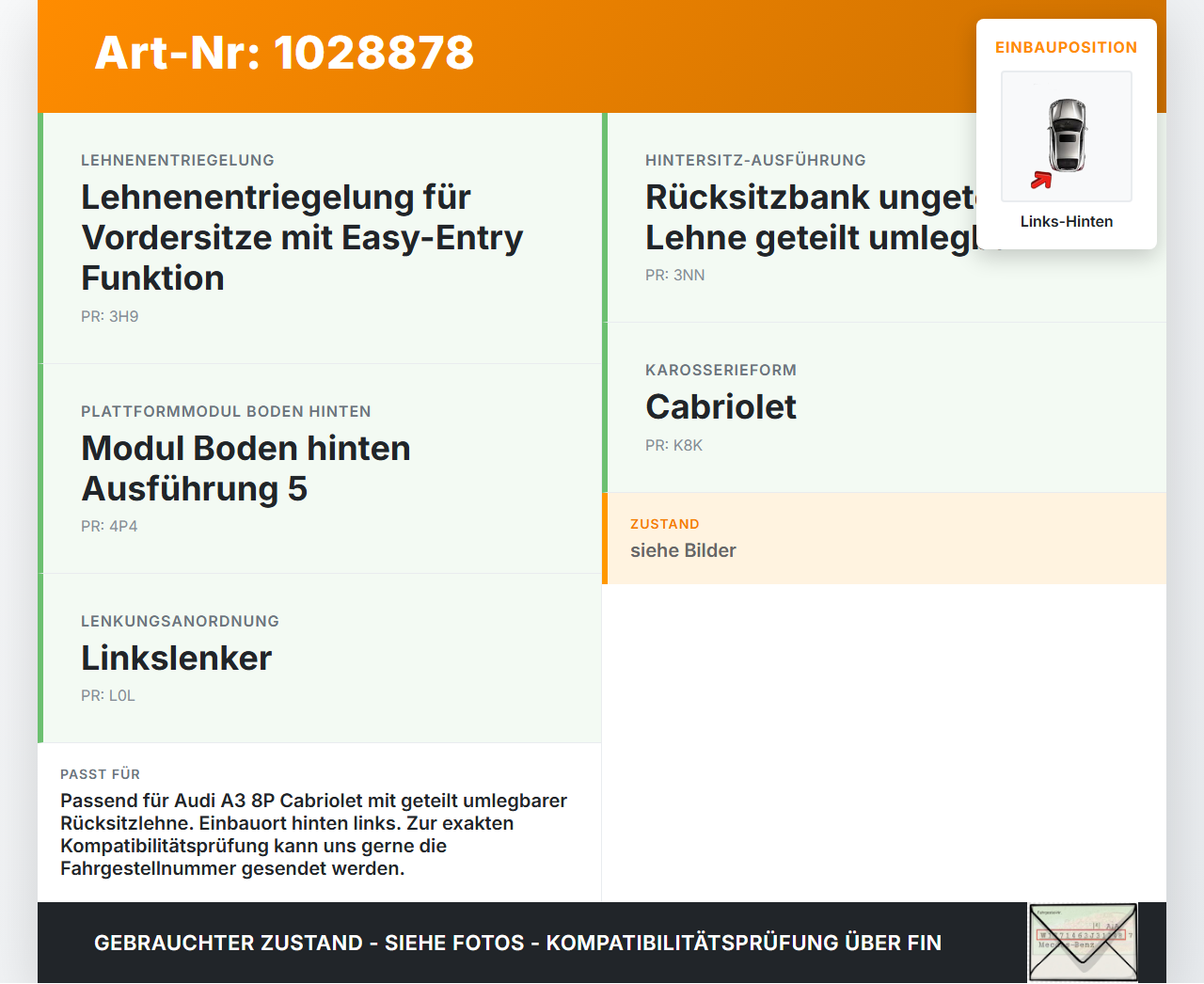 Audi A3 8P 08-10 1,6 75KW Entriegelung für Sitz Links Hinten Audi A3 8P 08-10 27.04.2009 gebraucht Vorschau 3