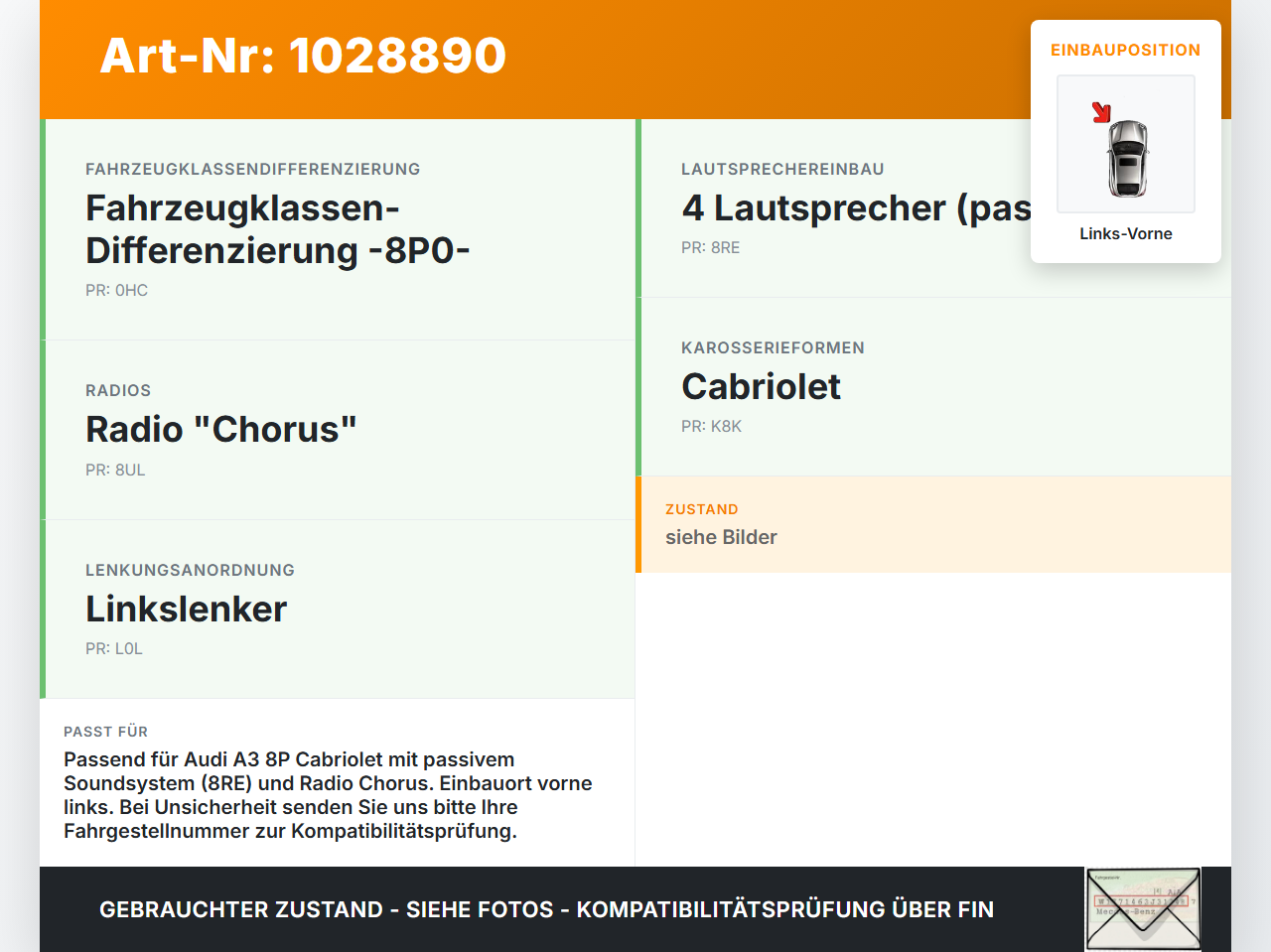Audi A3 8P 08-10 Lautsprecher Mitteltöner Links Vorne Blaupunkt Audi A3 8P 08-10 27.04.2009 8P0035411C 7606500480... Vorschau 3