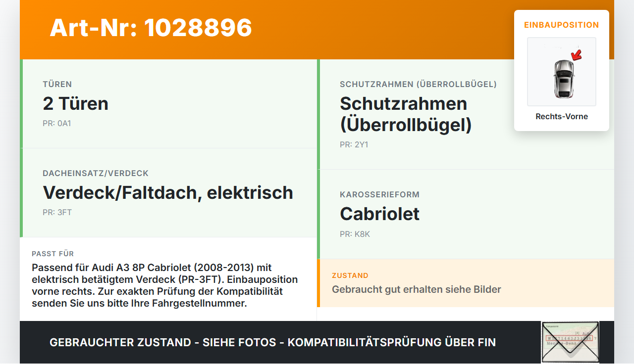 Audi A3 8P 08-10 Cabrio Scharnier für Verdeck Rechts Vorne Audi A3 8P 08-10 27.04.2009 8P7817294B gebraucht Vorschau 3
