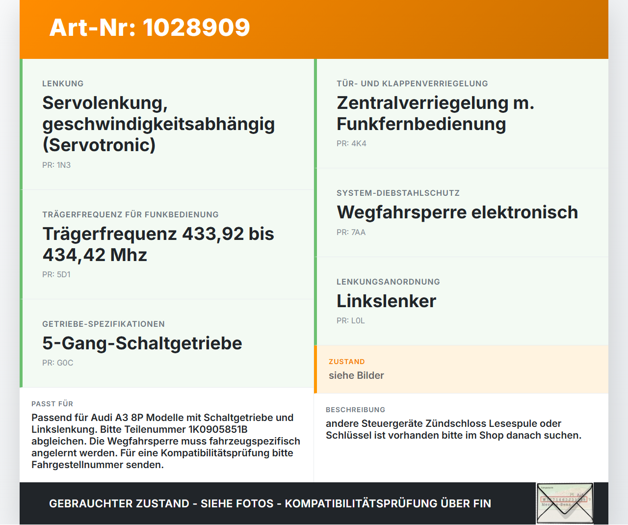 Audi A3 8P 08-10 1,6 75KW Wegfahrsperre ECU Lenksäulensperre Zündschalter Audi A3 8P 08-10 27.04.2009 1K0905851B... Vorschau 3