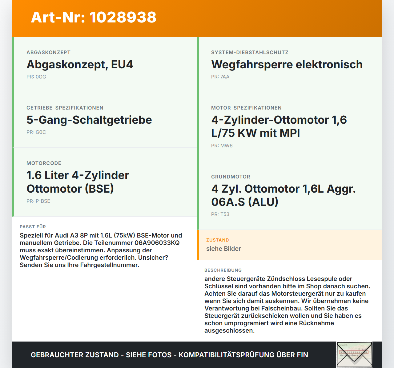 Audi A3 8P 08-10 1,6 75KW Steuergerät ECU für Motor Motorsteuergerät Audi A3 8P 08-10 27.04.2009 06A906033KQ... Vorschau 3