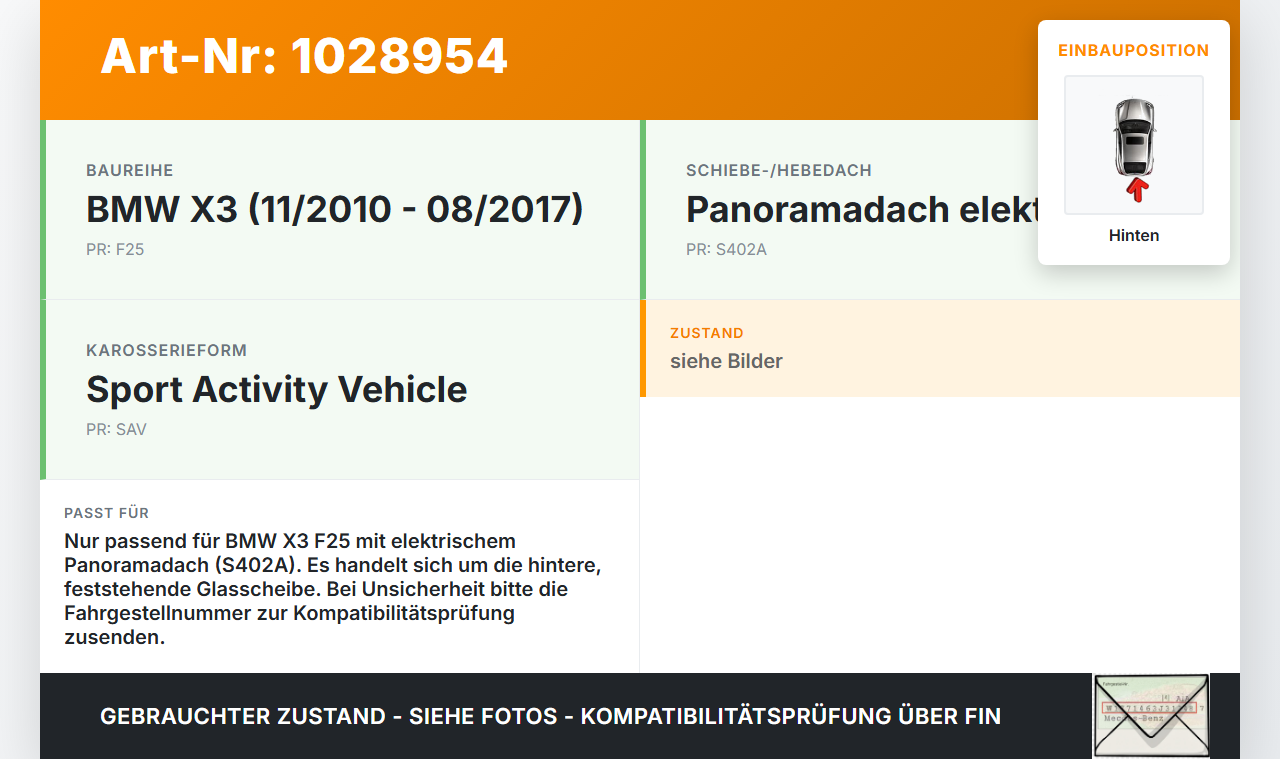 BMW X3 F25 10-14 feste Scheibe für Schiebedach Panoramadach Hinten BMW X3 F25 10-14 30.03.2011 7304487 54107304487... Vorschau 3