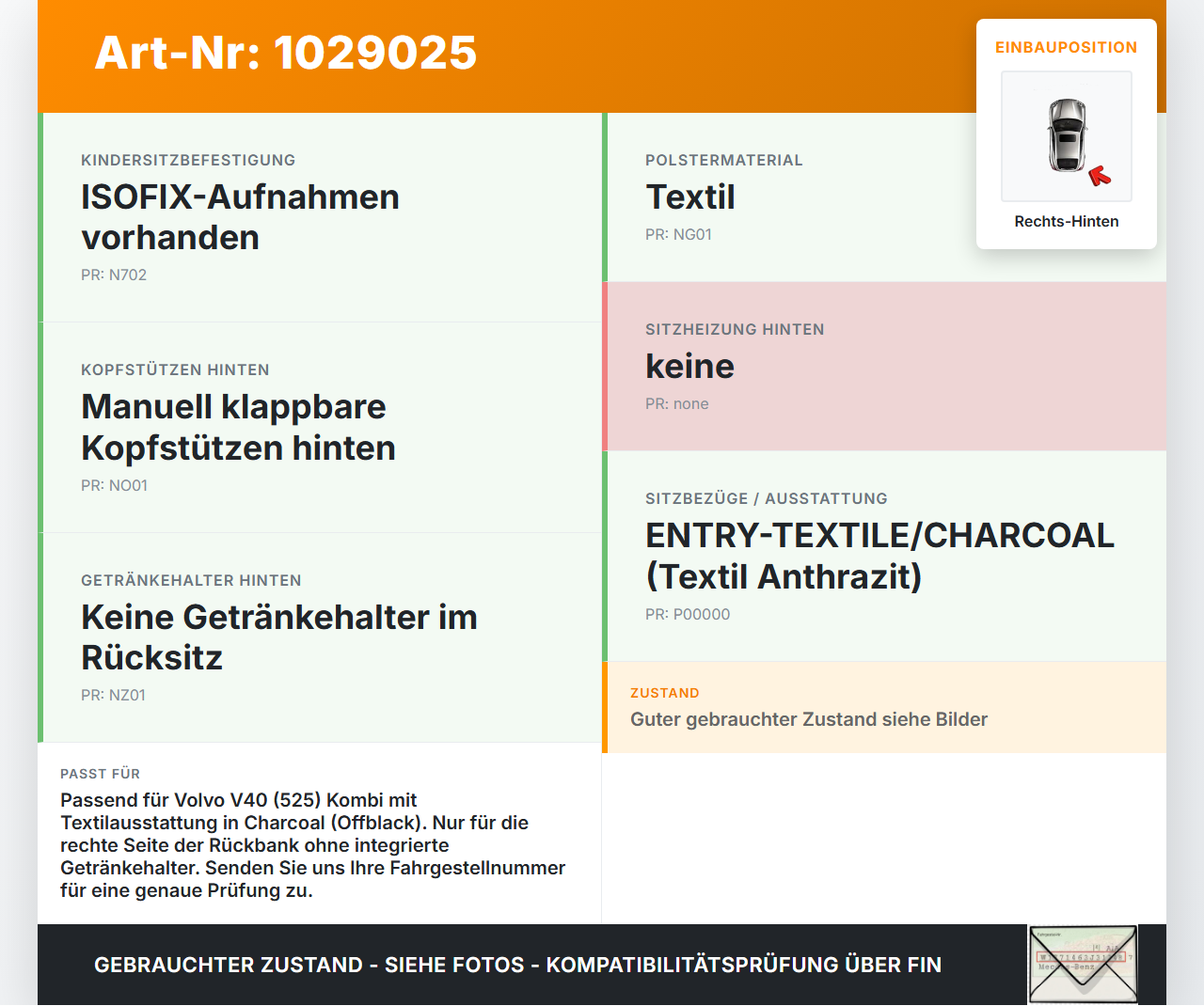 Volvo V40 525 12-16 Kombi Sitzbezug Rückenpolster Rechts für Rücksitzbank Hinten Volvo V40 525 12-16 01.01.2013... Vorschau 3