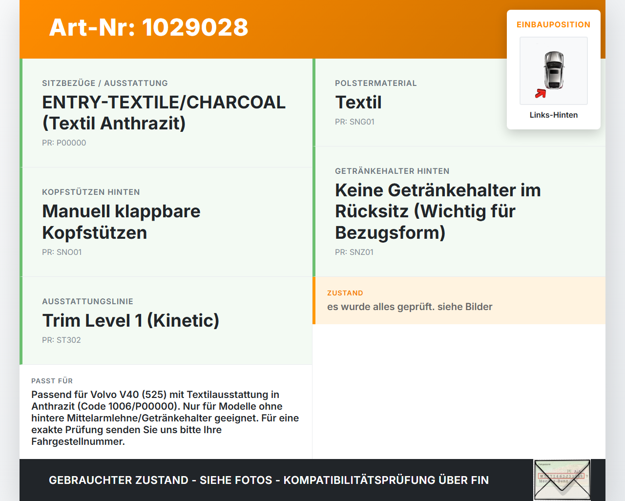 Volvo V40 525 12-16 Kombi Sitzbezug Rückenpolster Links für Rücksitzbank Hinten Volvo V40 525 12-16 01.01.2013 gebraucht Vorschau 3