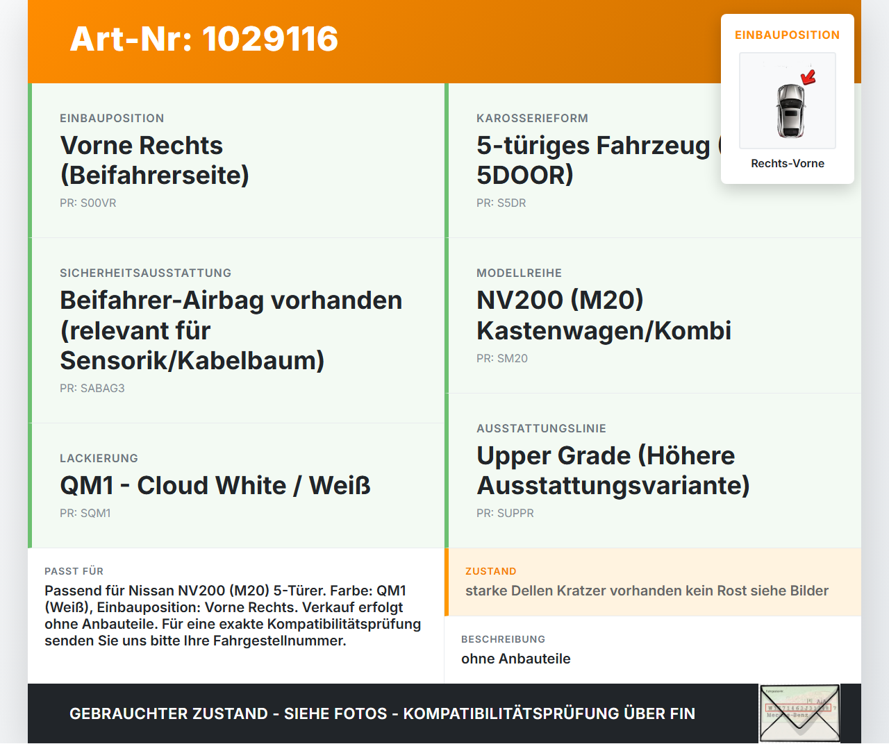 Nissan NV200 09-21 Kasten Tür Beifahrertür Rechts Vorne QM1 Nissan NV200 09-21 01.08.2010 gebraucht Vorschau 3
