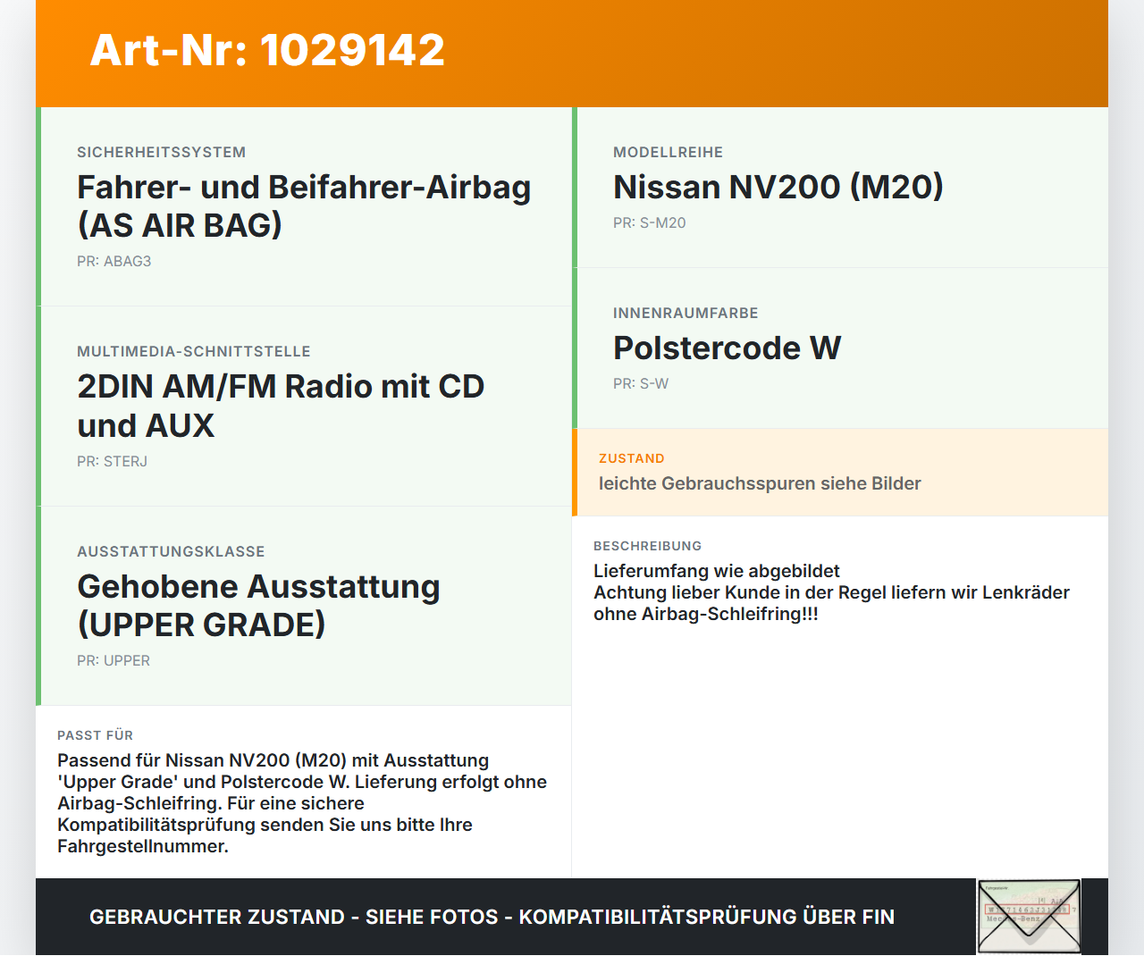 Nissan NV200 09-21 Lenkrad Airbaglenkrad Nissan NV200 09-21 01.08.2010 NMJX5099090013 4B6W7G1FBSR gebraucht Vorschau 3