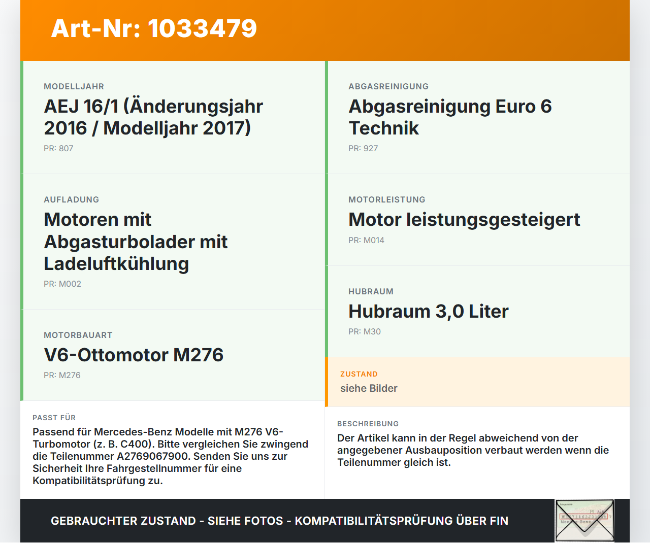 Mercedes C205 C400 15-18 3,0 245KW Zündspule Zyl.2 Mercedes C205 C400 15-18 04.05.2017 A2769067900 28301247 ZS0019... Vorschau 3