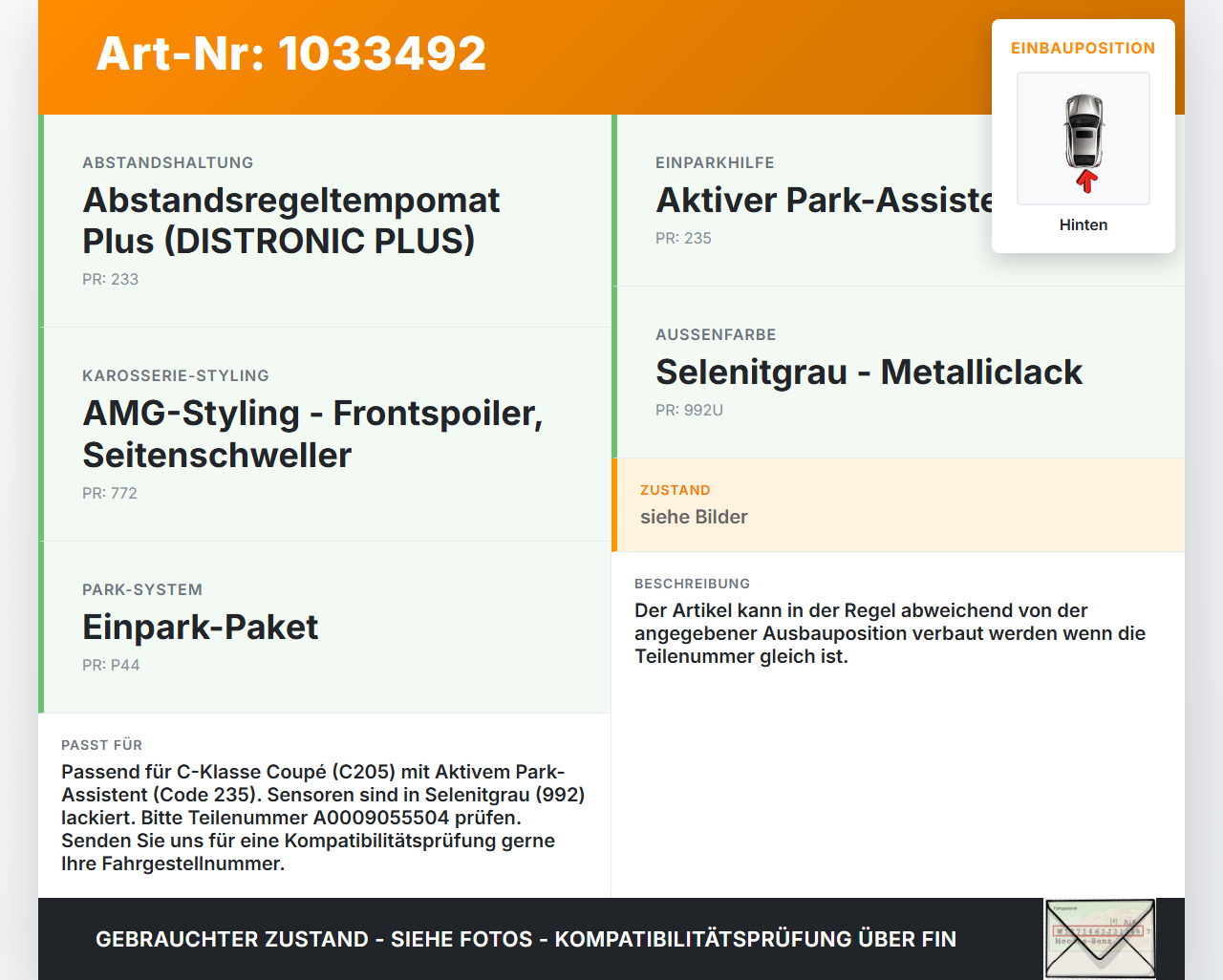 Mercedes C205 C400 15-18 6x PDC Parksensoren Einparkhilfe Sensoren Hinten 992 Mercedes C205 C400 15-18 04.05.2017... Vorschau 3