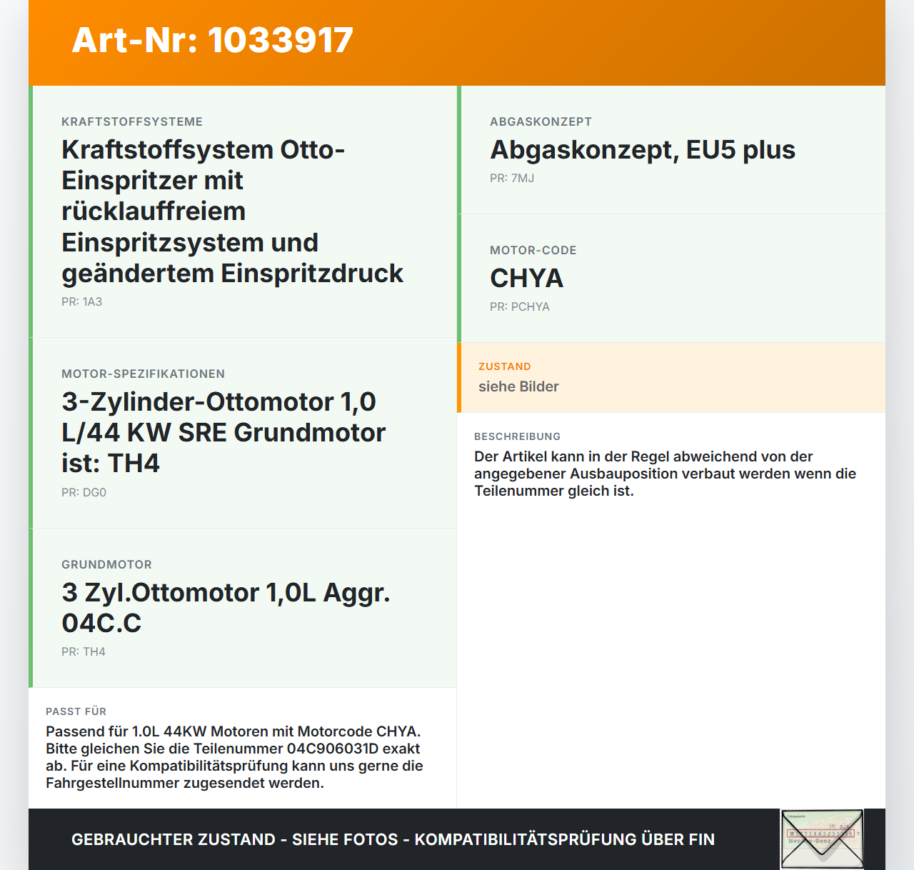 VW UP AA 15-23 1,0 44KW Injektor Einspritzdüse Zyl.1 VW UP AA 15-23 15.08.2014 04C906031D gebraucht Vorschau 3