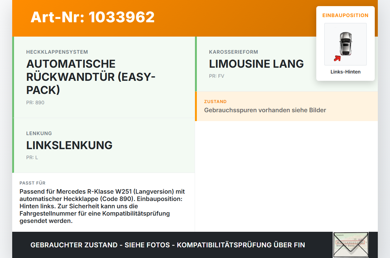 Mercedes W251 R350 10-13  Lang Dämpfer für Heckklappe Gasdruckfeder Links Hinten 1360N Mercedes W251 R350 10-13... Vorschau 3