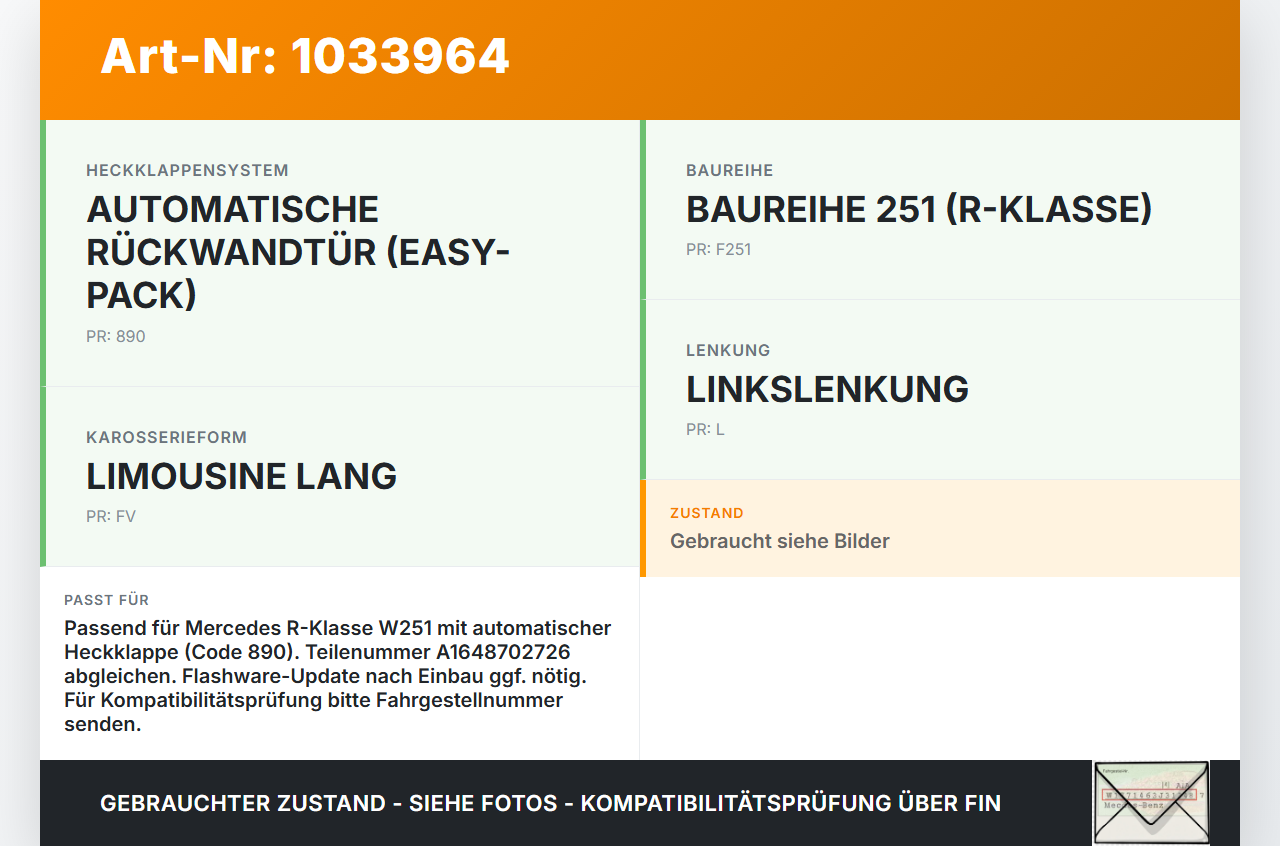 Mercedes W251 R350 10-13 Steuergerät SG HFS Modul für Heckklappe Mercedes W251 R350 10-13 29.03.2011 A1648702726... Vorschau 3
