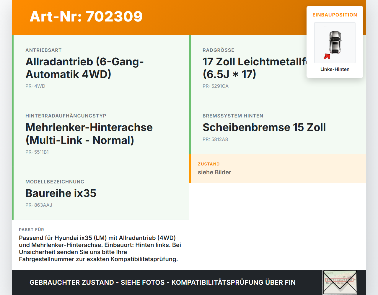 Hyundai IX35 LM 09-13 Querlenker Links Hinten Hyundai IX35 LM 09-13 14.11.2011 551002Y100 55100-2Y100 gebraucht Vorschau 3